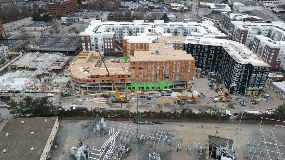 Moving right along at The Laurent! This January drone shot shows our varied progress on the three structures that will hold a total of 525 residential units in #Cambridge. Looking good team! nnArchitect: @dimellashaffer nOwner: @tollbrothersnnThank you to our Assistant Superintendent, Anthony Eberhardt, for snapping this update!