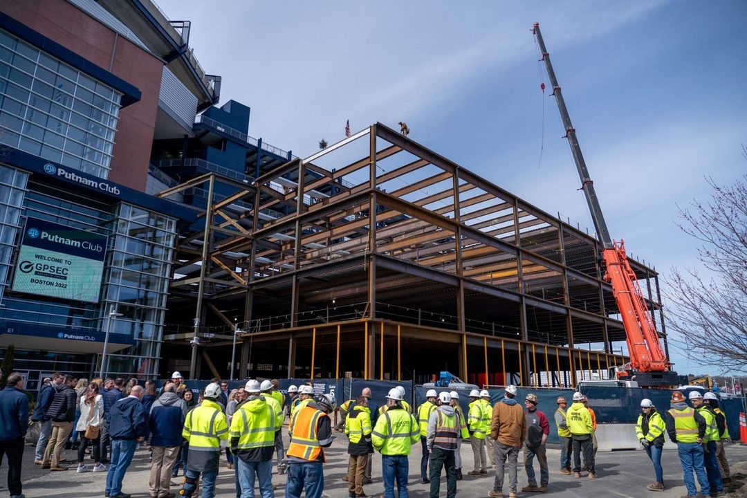 Earlier this spring, we topped off The Kraft Group (TKG) Building, another #DellbrookJKS project at Gillette Stadium! ud83cudfc8 Our teams are making fantastic progress on this 103,000 SF structure, which will house offices, plenty of additional space for future fit-out, and more.nnLearn about our previous experience working at Gillette Stadium and the Topping Off Ceremony by tapping the link in our bio.nnArchitect and rendering: @sgaarch